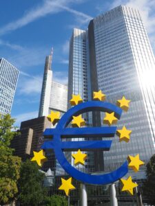 Euro symbol with Frankfurt skyscrapers in the background