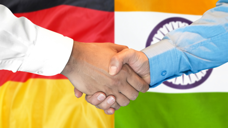 Flags of India and Germany side by side symbolizing Indo-German bilateral relations, highlighting economic, cultural, and technological collaborations.